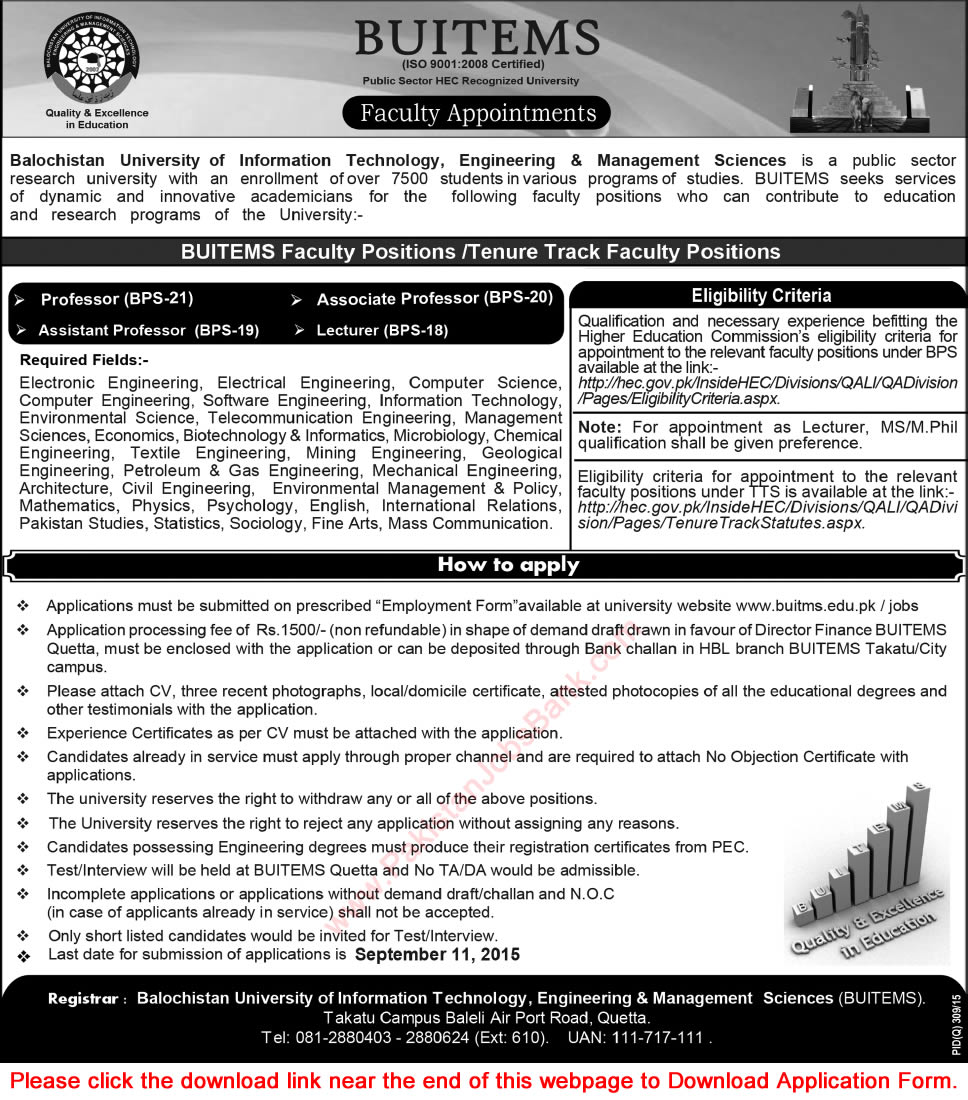 Teaching Faculty Jobs in Balochistan University of Information